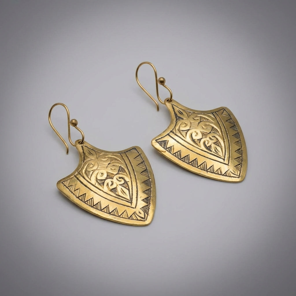 Bohemia Design Hand-Etched Brass Shield Earrings - Antique Gold