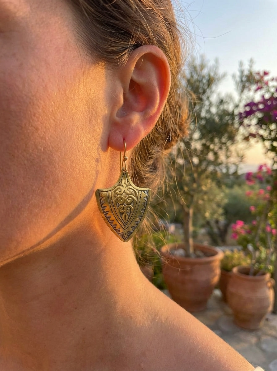 Bohemia Design Hand-Etched Brass Shield Earrings - Antique Gold
