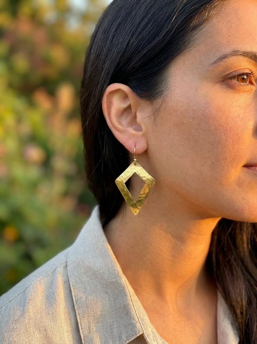 Hand-Hammered Brass Moroccan Diamond Drop Earrings | Bohemia Design