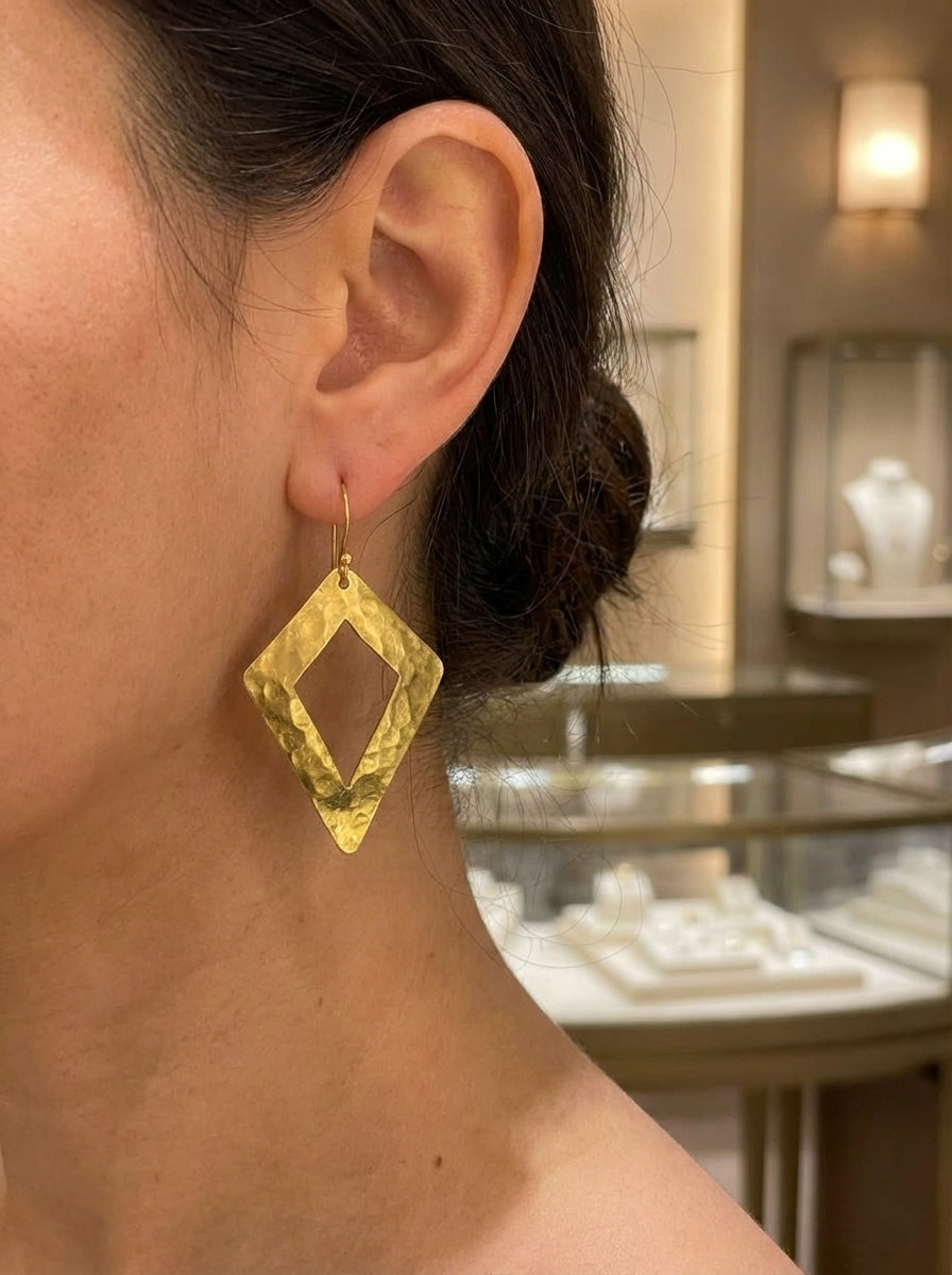 Hand-Hammered Brass Moroccan Diamond Drop Earrings | Bohemia Design
