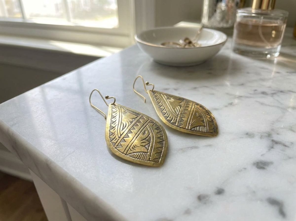 Bohemia Design Hand-Etched Brass Berber Teardrop Earrings
