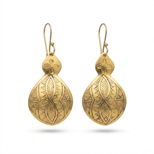 Bohemia Design Hand-Etched Gold Brass Double-Lobed Moroccan Earrings