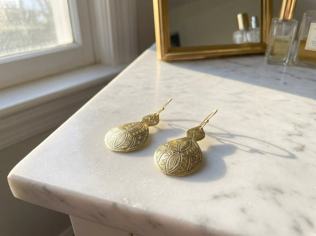Bohemia Design Hand-Etched Gold Brass Double-Lobed Moroccan Earrings