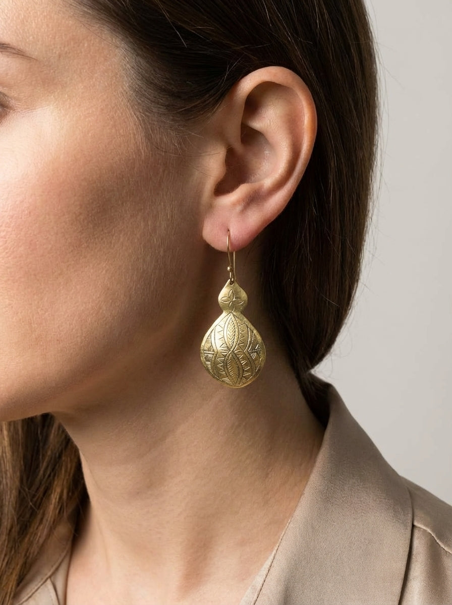 Bohemia Design Hand-Etched Gold Brass Double-Lobed Moroccan Earrings