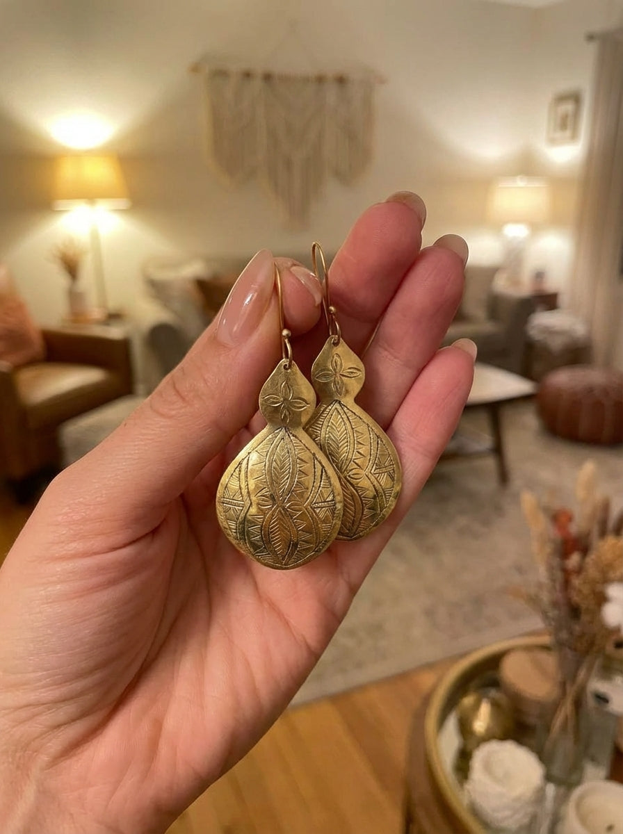 Bohemia Design Hand-Etched Gold Brass Double-Lobed Moroccan Earrings