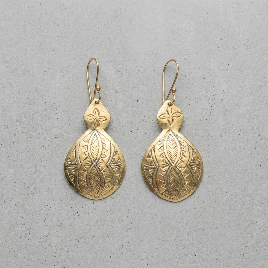 Bohemia Design Hand-Etched Gold Brass Double-Lobed Moroccan Earrings