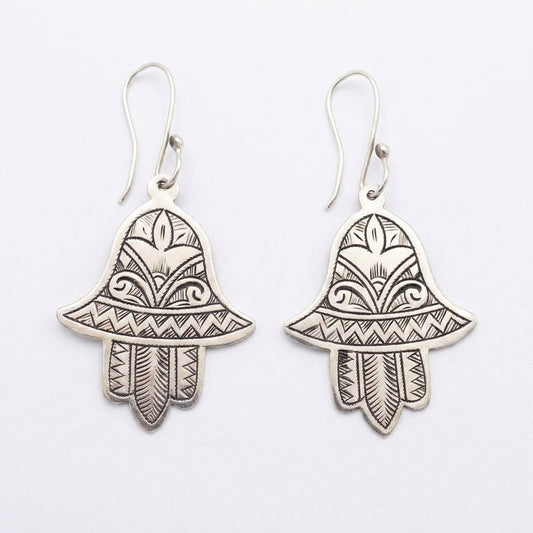 Hand-Engraved Silver Hamsa Earrings | Bohemia Design