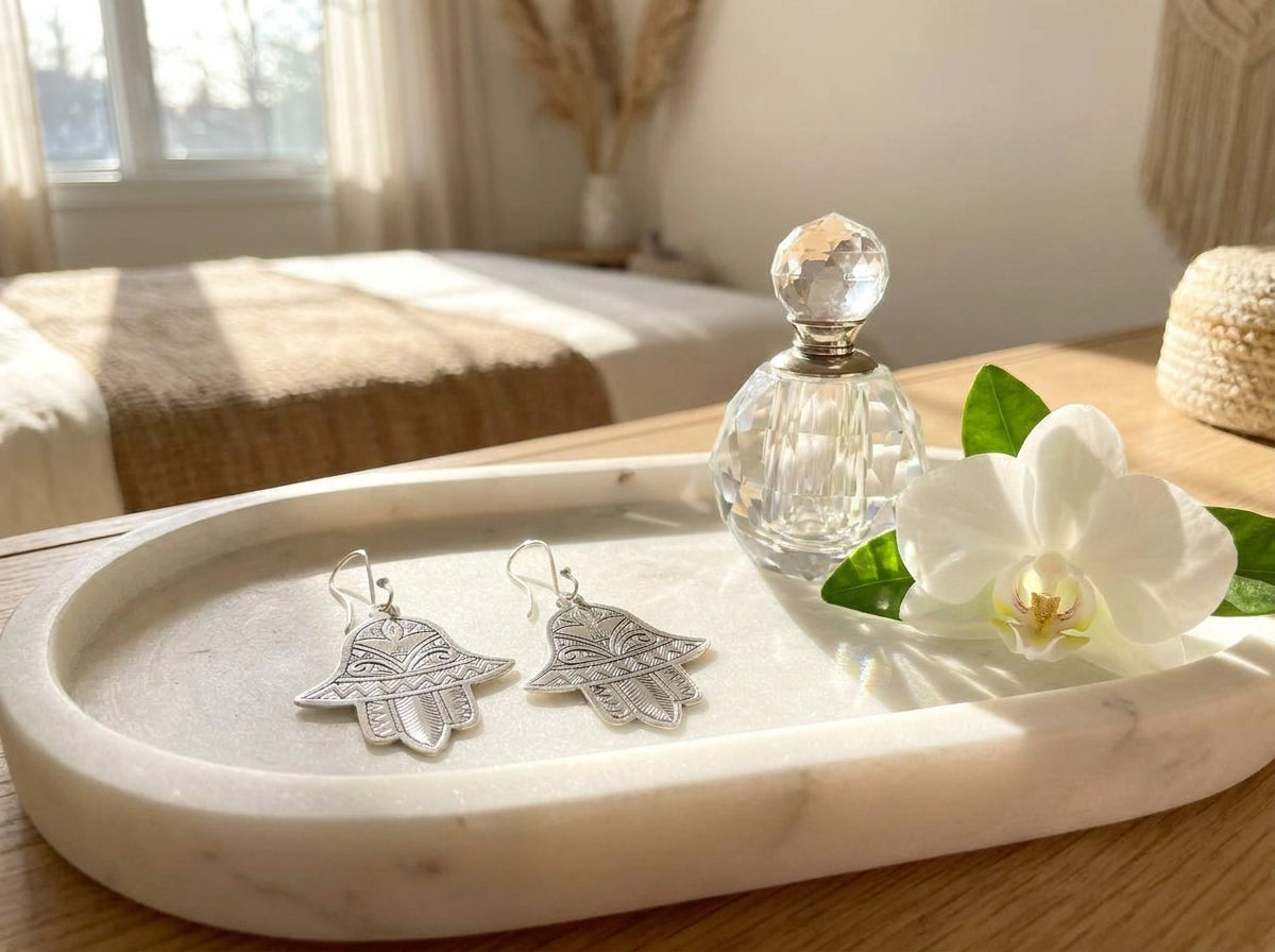 Hand-Engraved Silver Hamsa Earrings | Bohemia Design