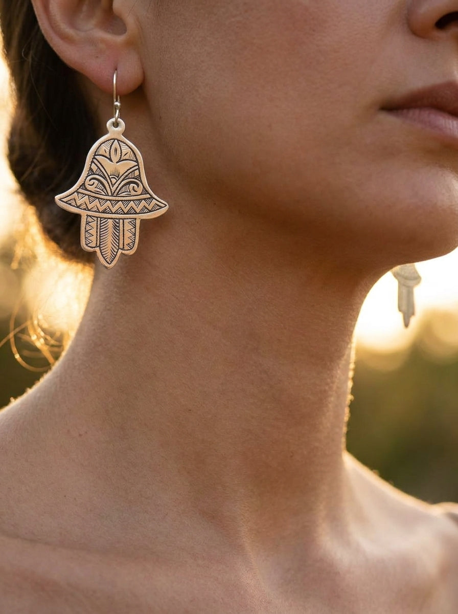Hand-Engraved Silver Hamsa Earrings | Bohemia Design