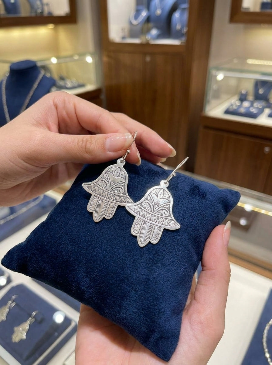 Hand-Engraved Silver Hamsa Earrings | Bohemia Design