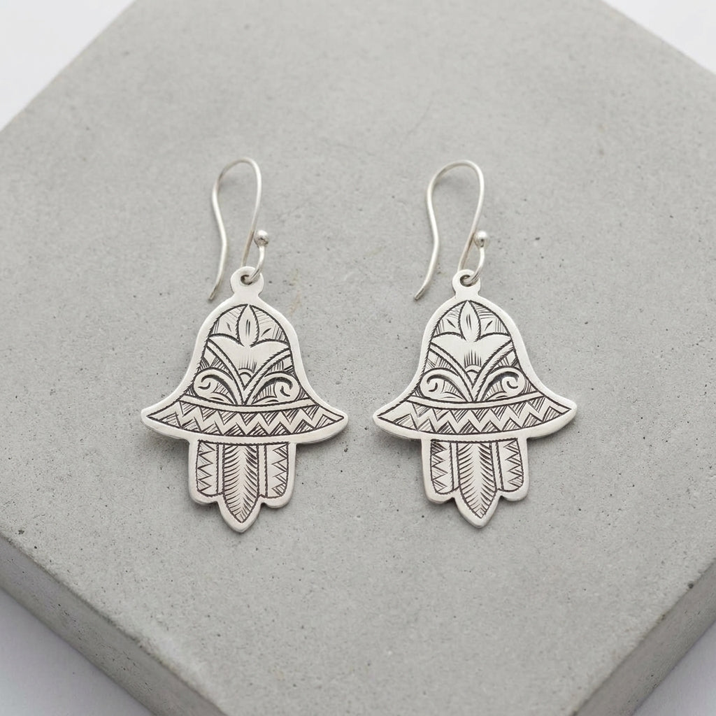 Hand-Engraved Silver Hamsa Earrings | Bohemia Design