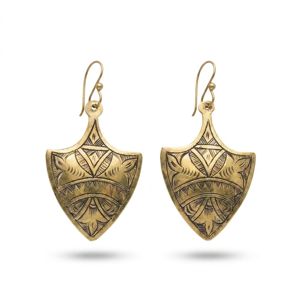 Hand-Engraved Gold Brass Shield Earrings | Berber Jewelry | Bohemia Design