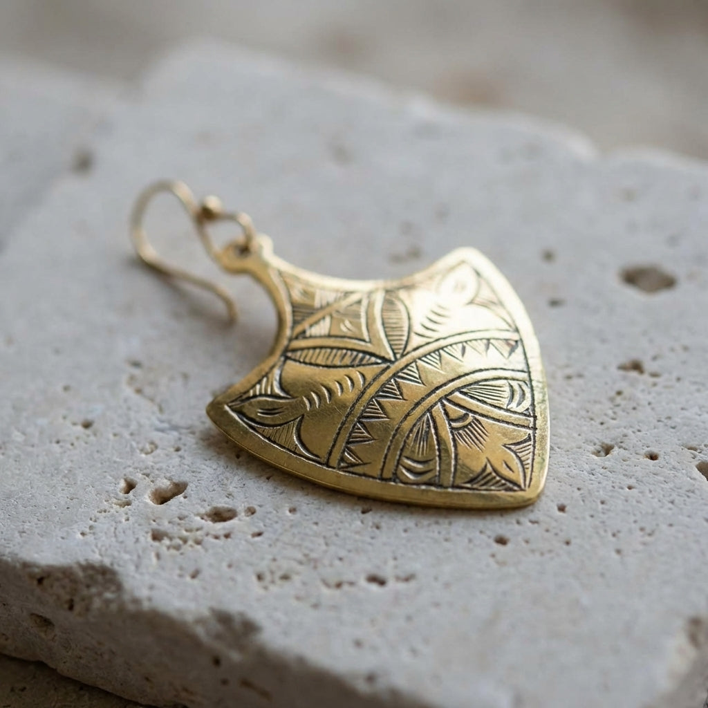 Hand-Engraved Gold Brass Shield Earrings | Berber Jewelry | Bohemia Design