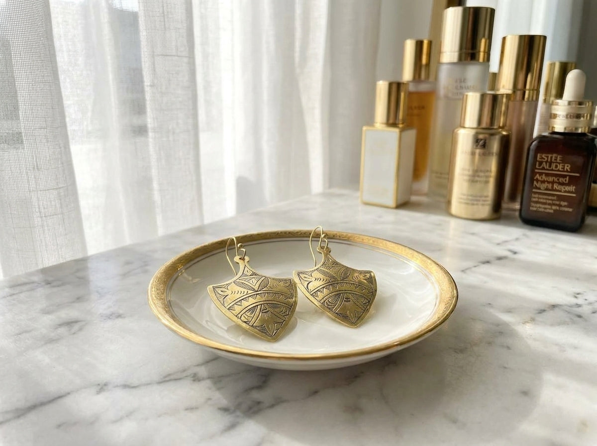 Hand-Engraved Gold Brass Shield Earrings | Berber Jewelry | Bohemia Design