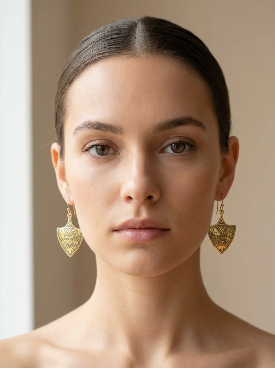 Hand-Engraved Gold Brass Shield Earrings | Berber Jewelry | Bohemia Design
