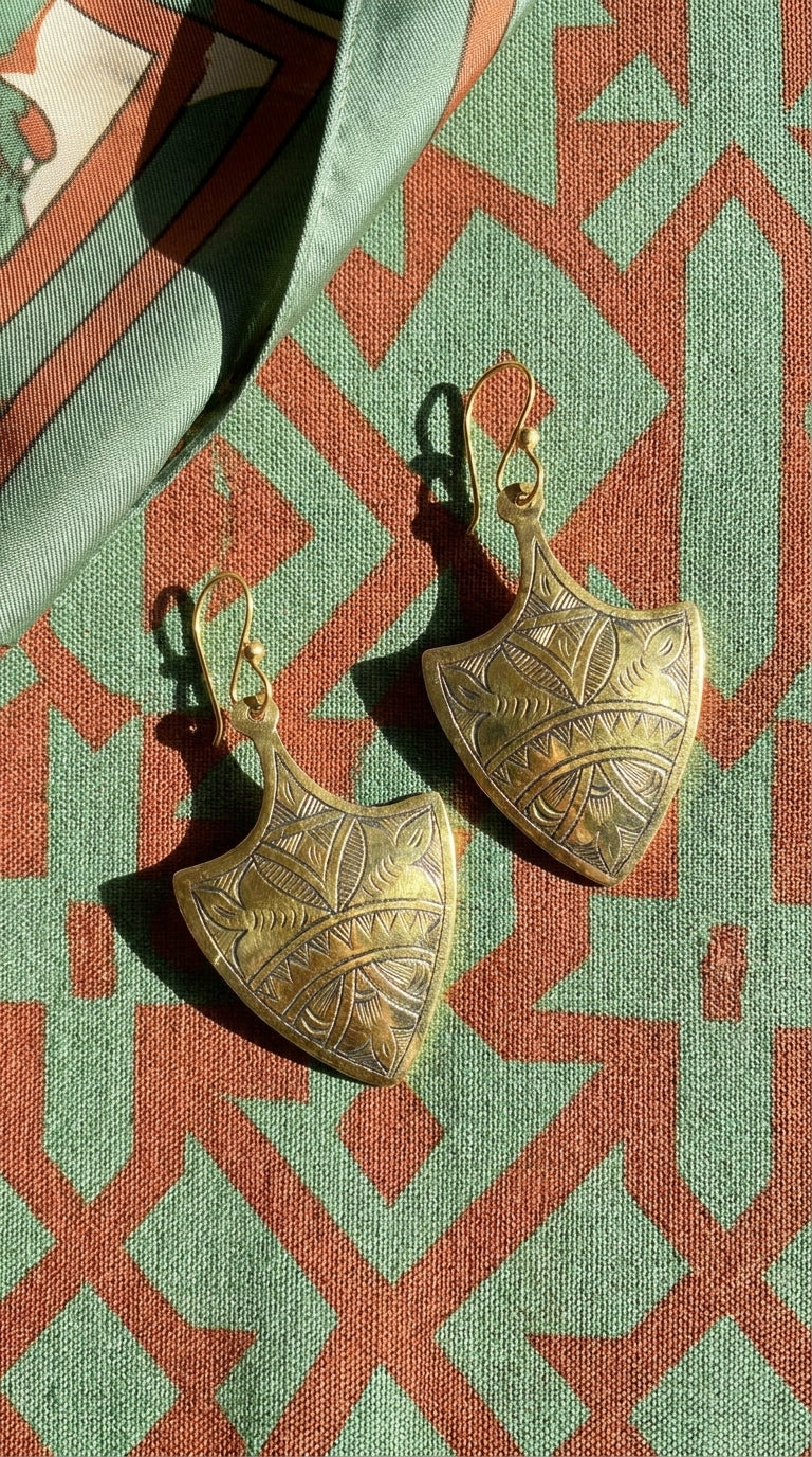 Hand-Engraved Gold Brass Shield Earrings | Berber Jewelry | Bohemia Design