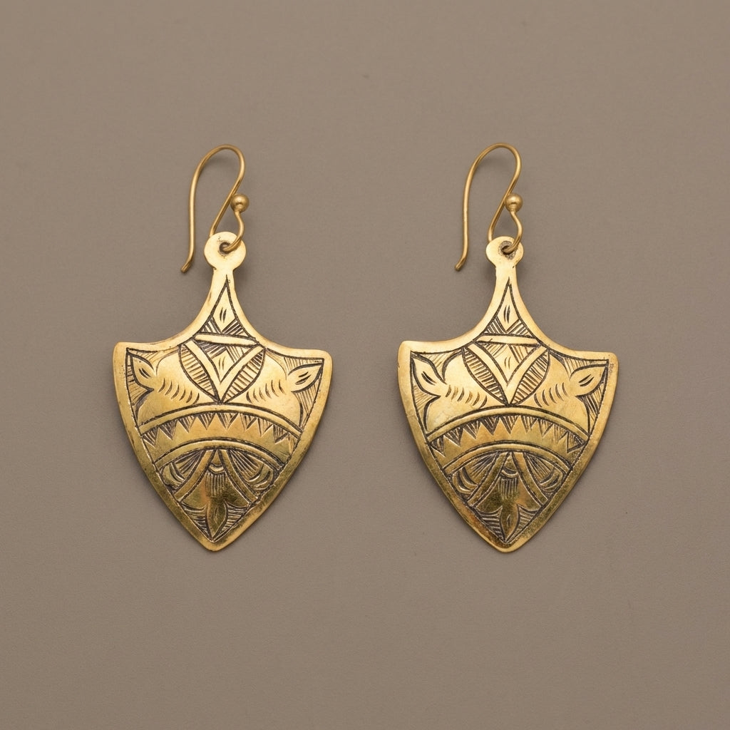 Hand-Engraved Gold Brass Shield Earrings | Berber Jewelry | Bohemia Design