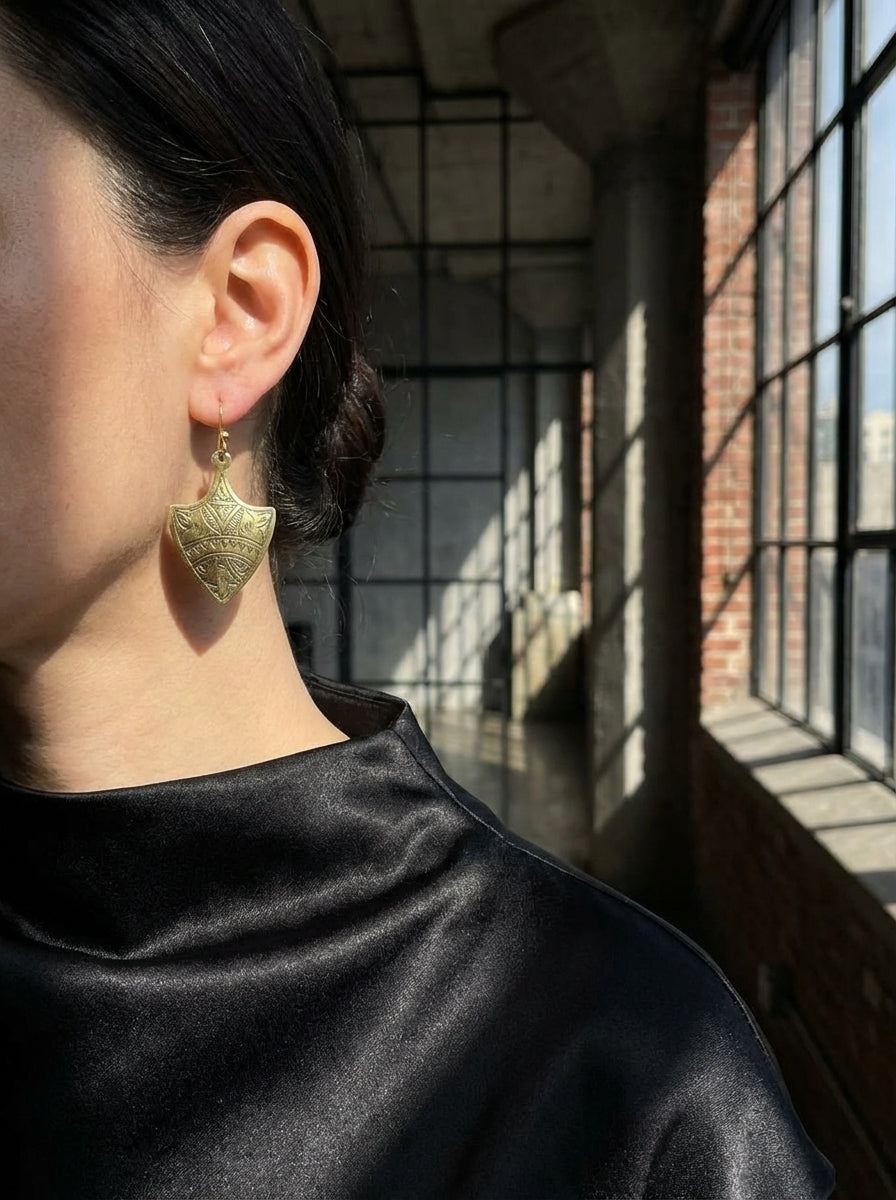 Hand-Engraved Gold Brass Shield Earrings | Berber Jewelry | Bohemia Design
