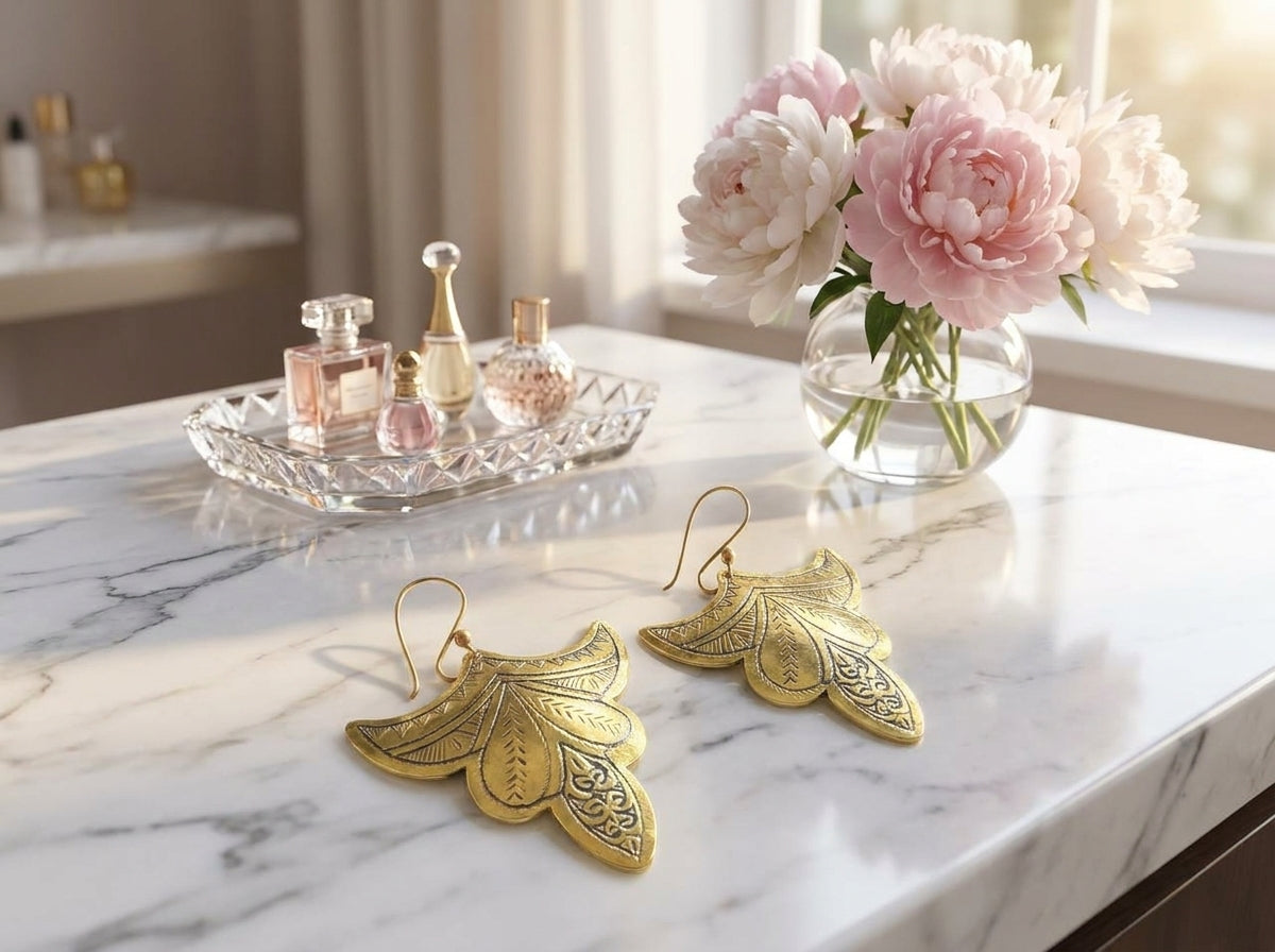 Hand-Etched Brass Winged Teardrop Earrings | Bohemia Design