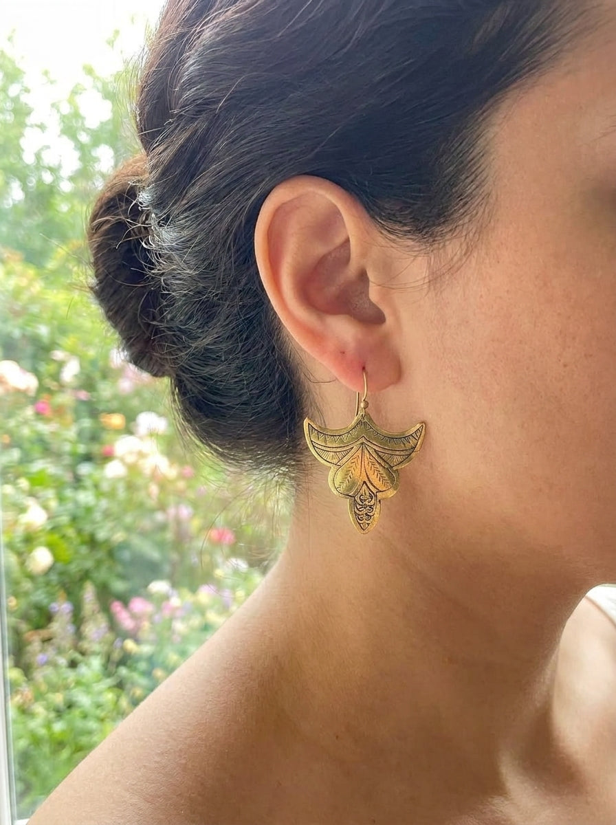 Hand-Etched Brass Winged Teardrop Earrings | Bohemia Design