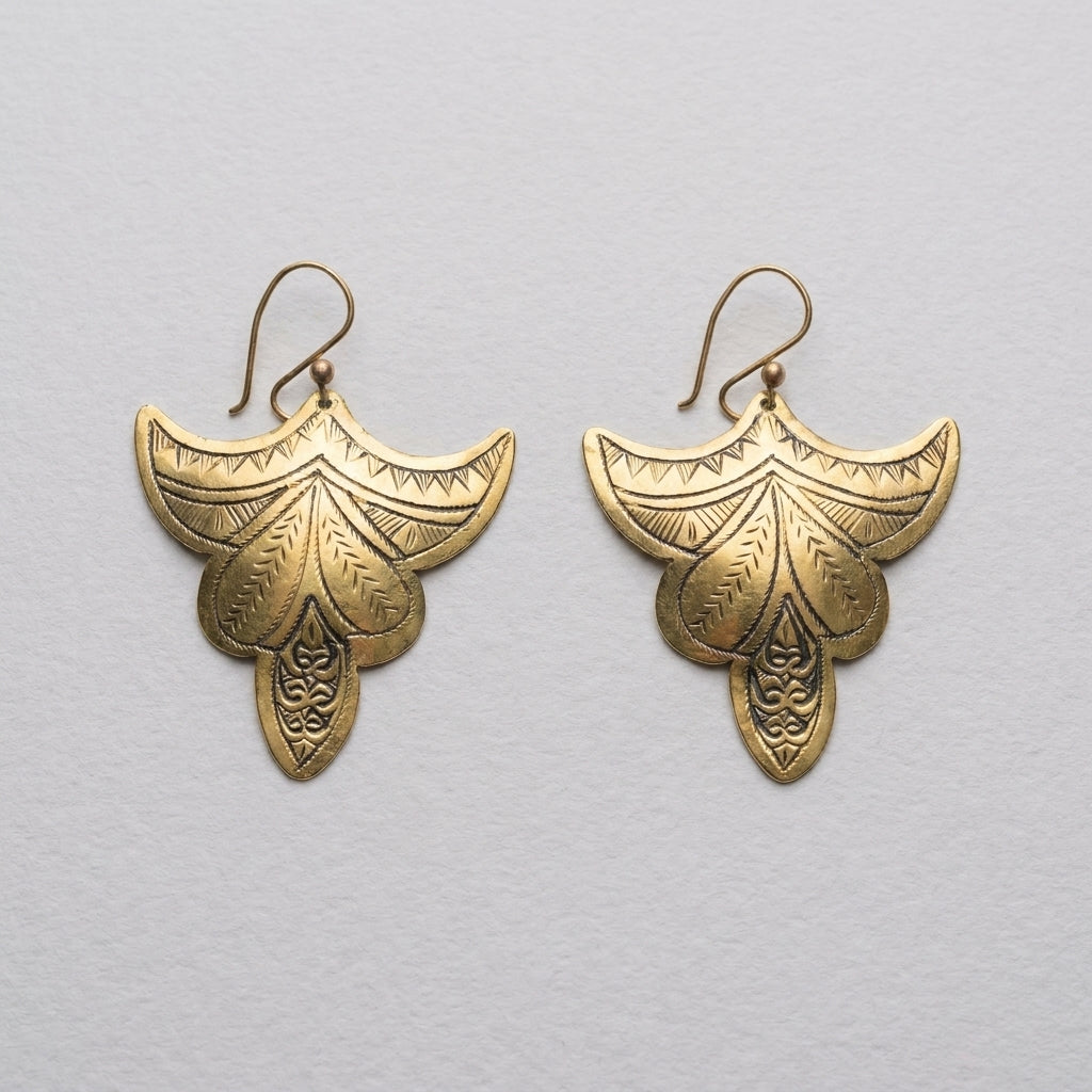 Hand-Etched Brass Winged Teardrop Earrings | Bohemia Design