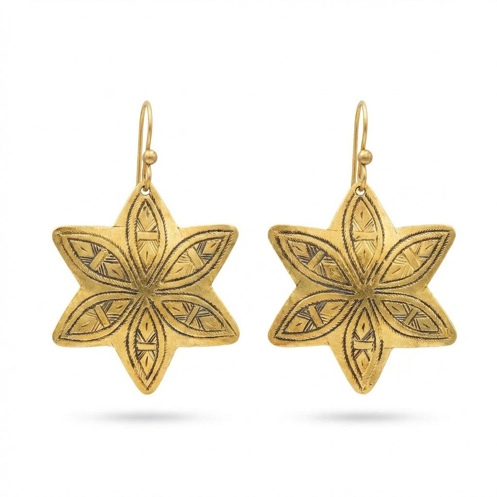 Hand-Engraved Brass Star Earrings - Gold-Plated Leaf Motifs | Bohemia Design