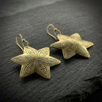 Hand-Engraved Brass Star Earrings - Gold-Plated Leaf Motifs | Bohemia Design