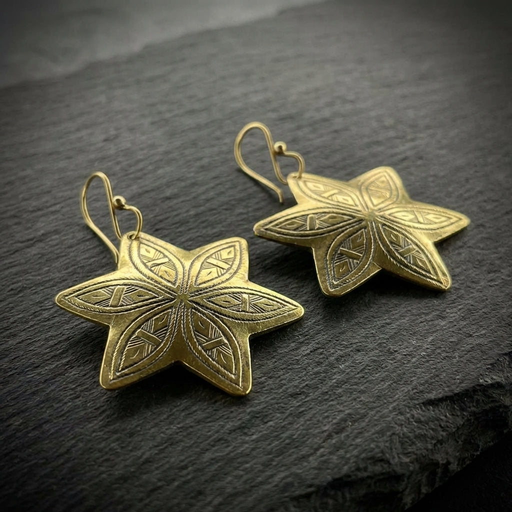 Hand-Engraved Brass Star Earrings - Gold-Plated Leaf Motifs | Bohemia Design
