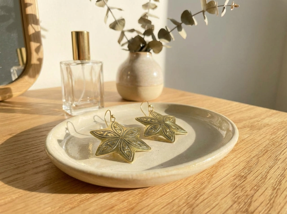 Hand-Engraved Brass Star Earrings - Gold-Plated Leaf Motifs | Bohemia Design