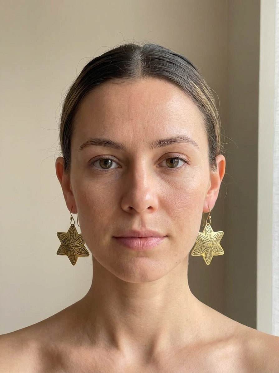 Hand-Engraved Brass Star Earrings - Gold-Plated Leaf Motifs | Bohemia Design