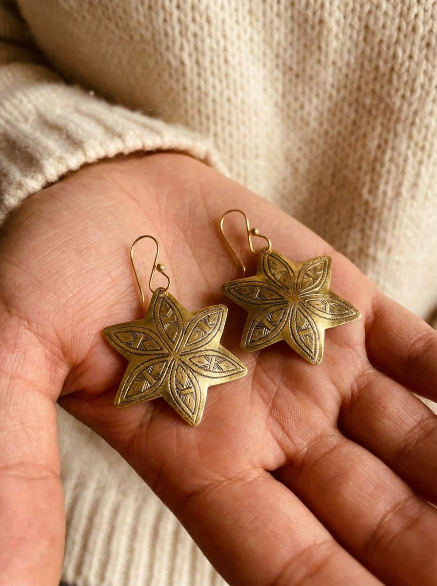 Hand-Engraved Brass Star Earrings - Gold-Plated Leaf Motifs | Bohemia Design