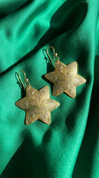 Hand-Engraved Brass Star Earrings - Gold-Plated Leaf Motifs | Bohemia Design