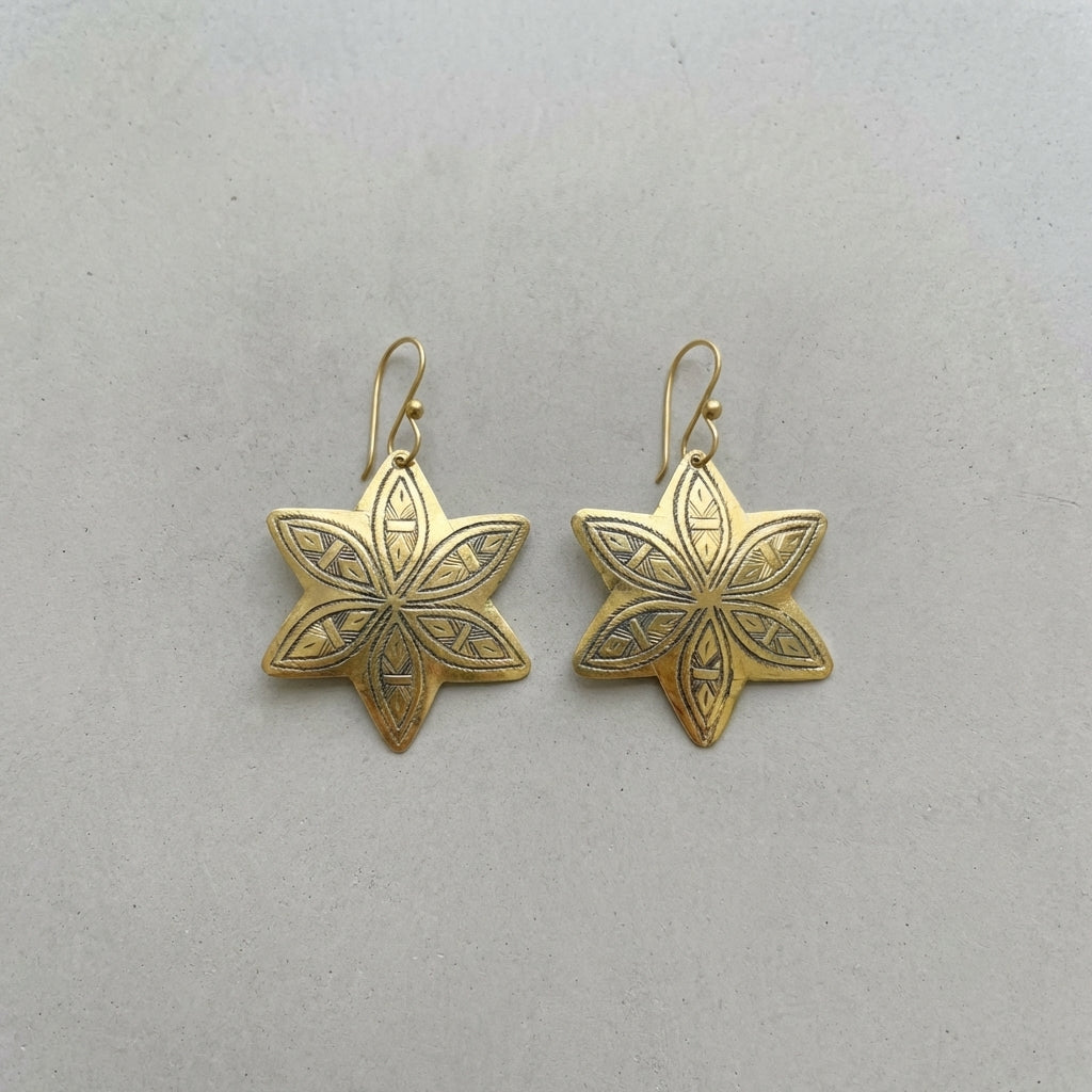 Hand-Engraved Brass Star Earrings - Gold-Plated Leaf Motifs | Bohemia Design
