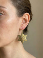 Hand-Engraved Brass Star Earrings - Gold-Plated Leaf Motifs | Bohemia Design