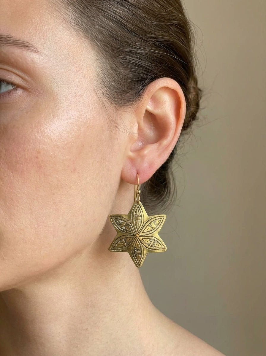 Hand-Engraved Brass Star Earrings - Gold-Plated Leaf Motifs | Bohemia Design
