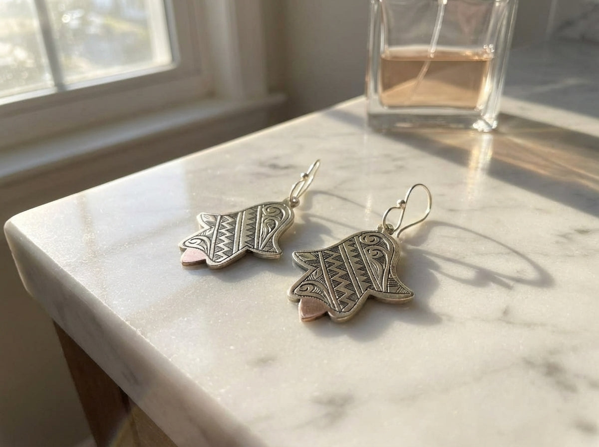 Silver Hand-Etched Hamsa Hand Earrings | Bohemia Design