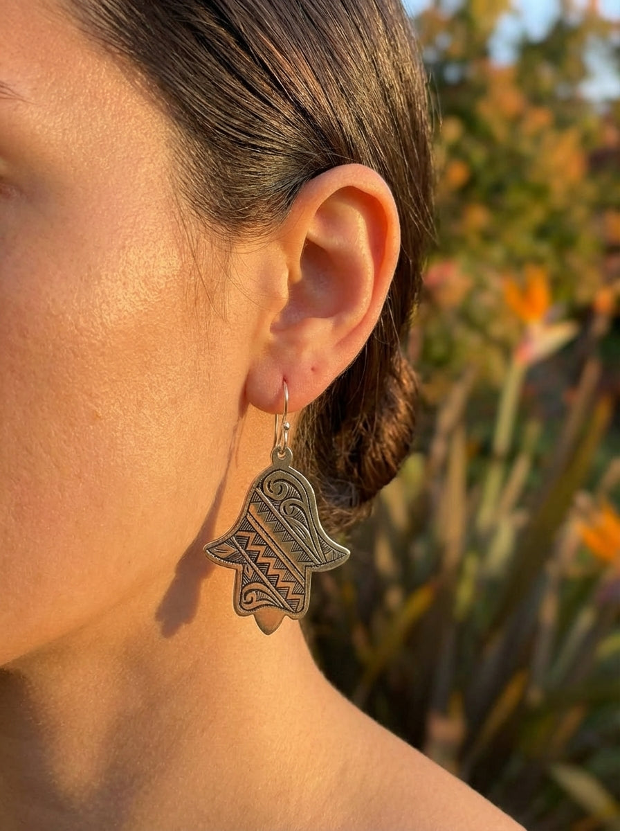 Silver Hand-Etched Hamsa Hand Earrings | Bohemia Design