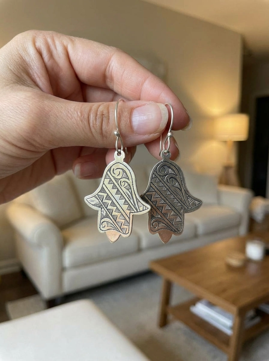 Silver Hand-Etched Hamsa Hand Earrings | Bohemia Design