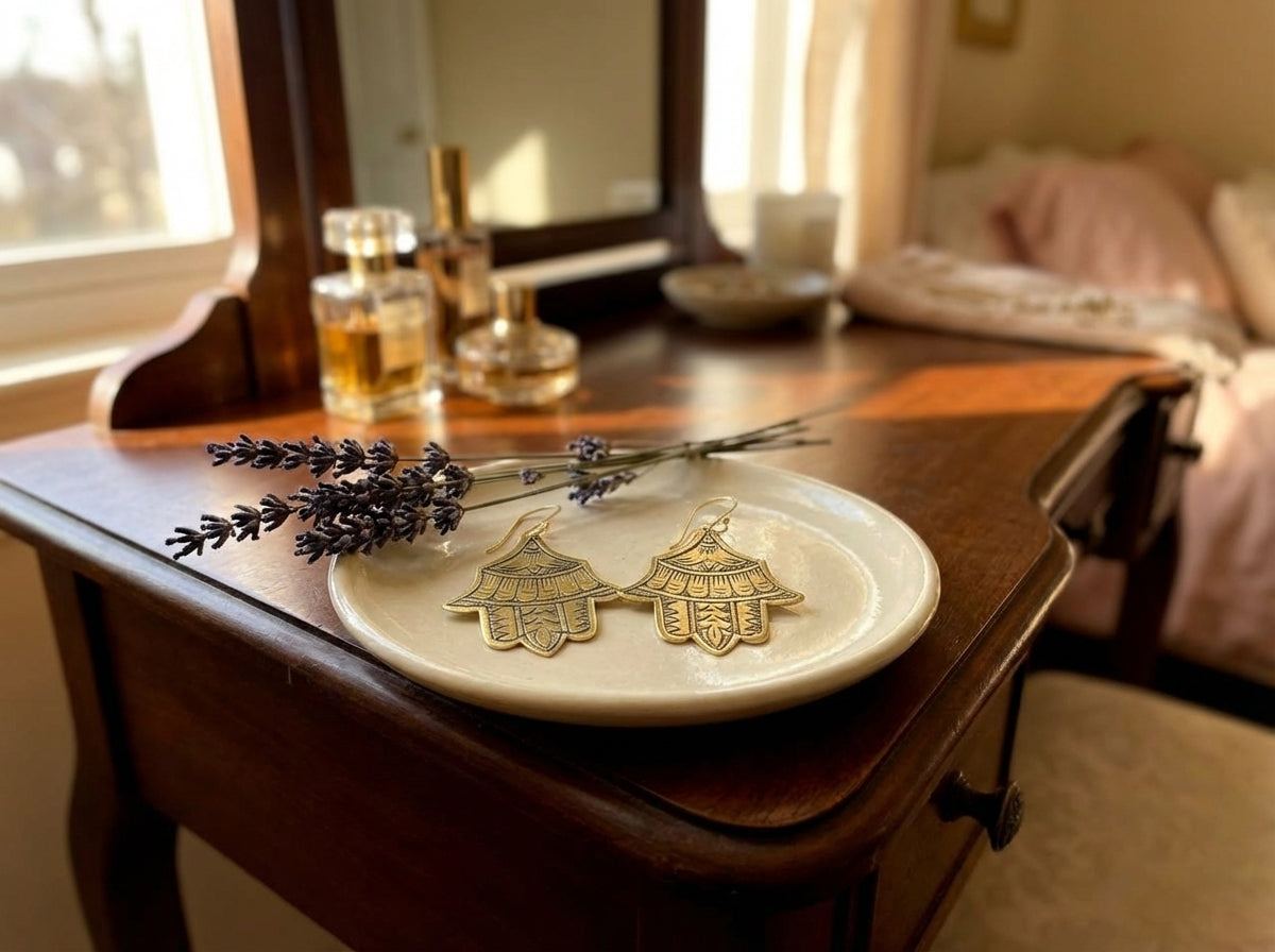 Hand-Etched Hamsa Hand Brass Earrings | Bohemia Design
