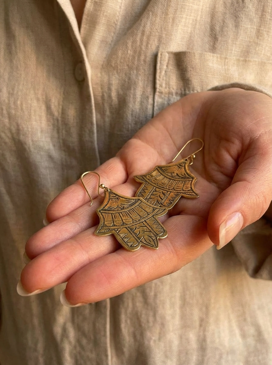 Hand-Etched Hamsa Hand Brass Earrings | Bohemia Design