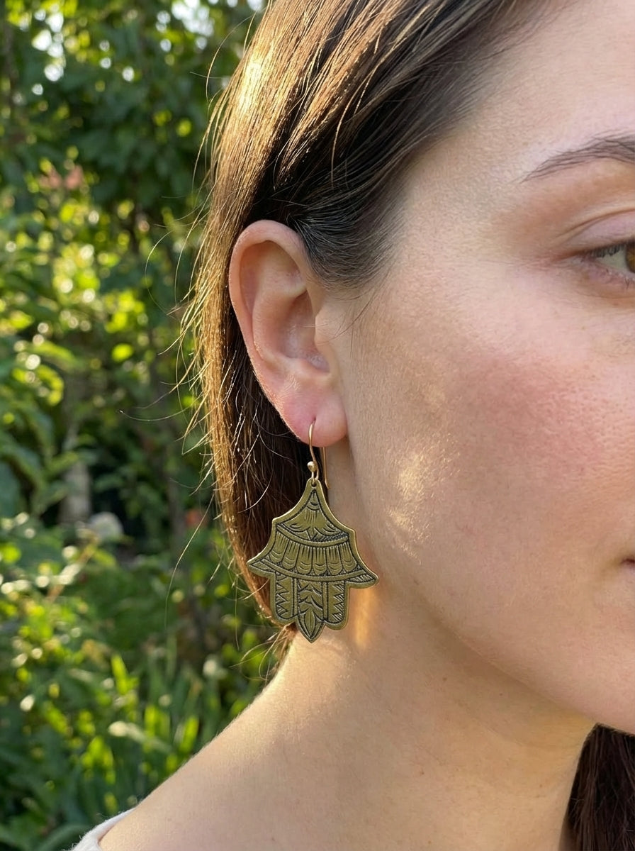 Hand-Etched Hamsa Hand Brass Earrings | Bohemia Design