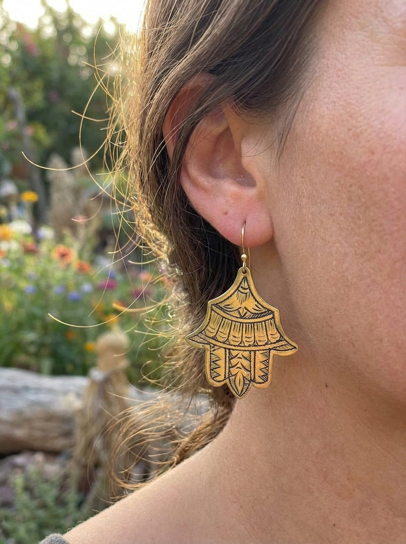 Hand-Etched Hamsa Hand Brass Earrings | Bohemia Design