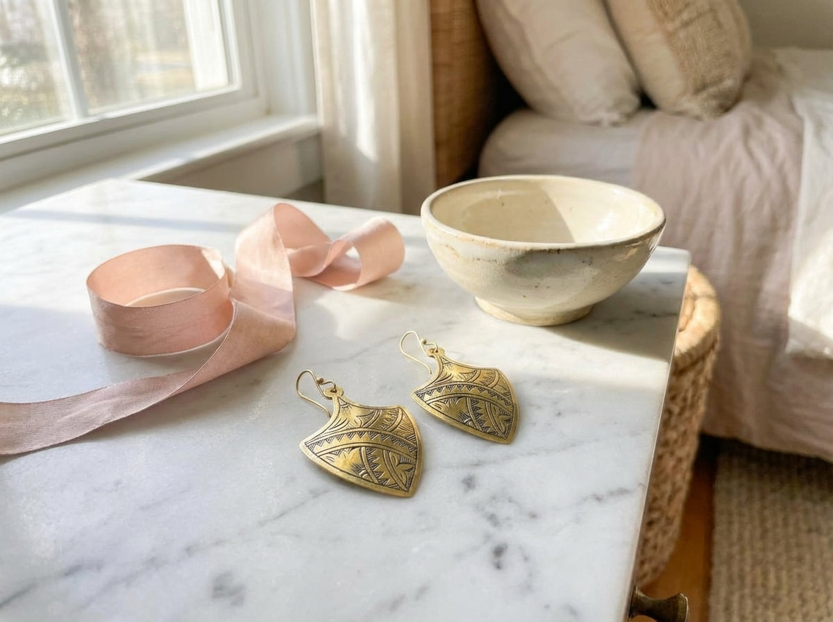 Hand-Etched Brass Shield Earrings | Bohemia Design