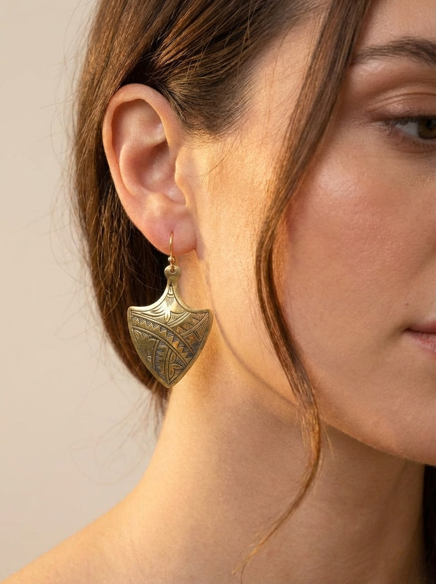 Hand-Etched Brass Shield Earrings | Bohemia Design