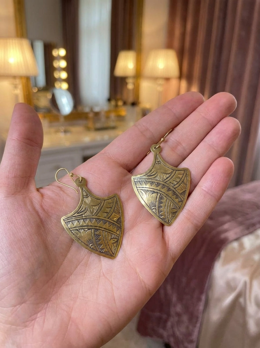 Hand-Etched Brass Shield Earrings | Bohemia Design