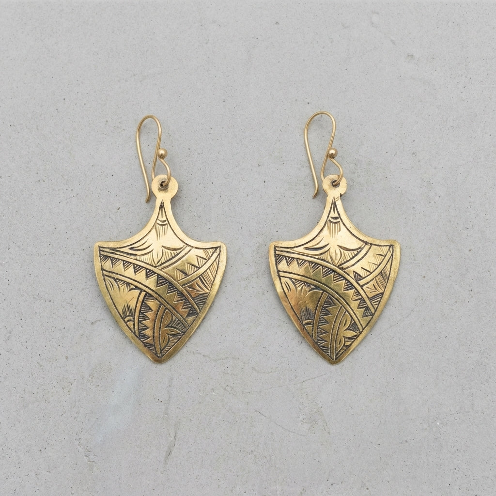 Hand-Etched Brass Shield Earrings | Bohemia Design