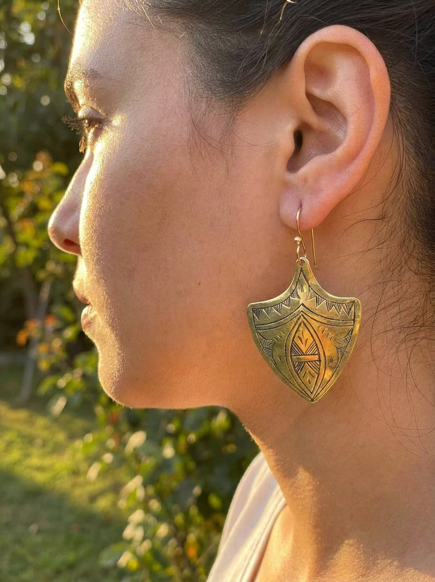 Hand-Engraved Moroccan Brass Shield Earrings | Bohemia Design