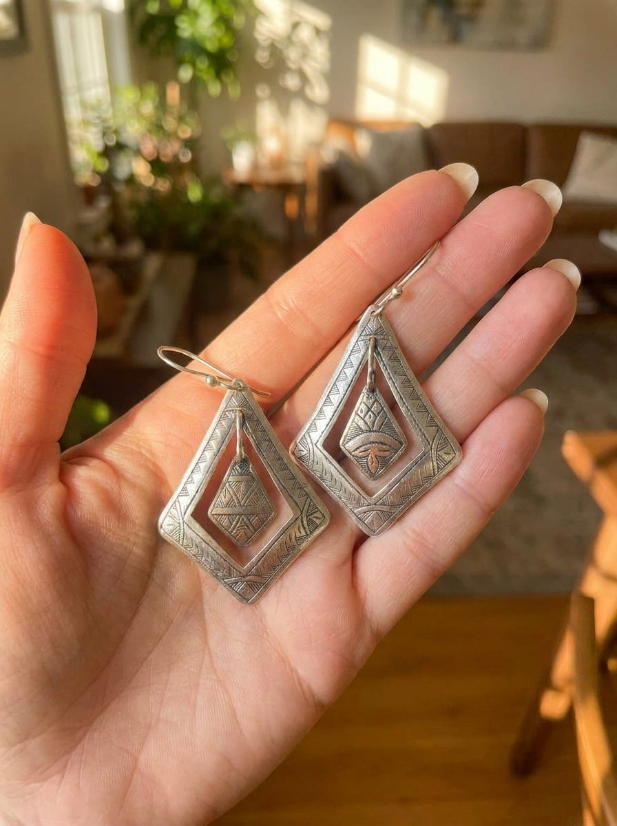Hand-Engraved Moroccan Double Rhombus Earrings | Bohemia Design