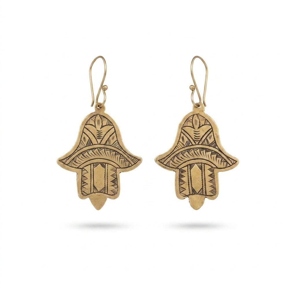 Bohemia Design Hand-Etched Brass Hamsa Earrings | Antique Gold