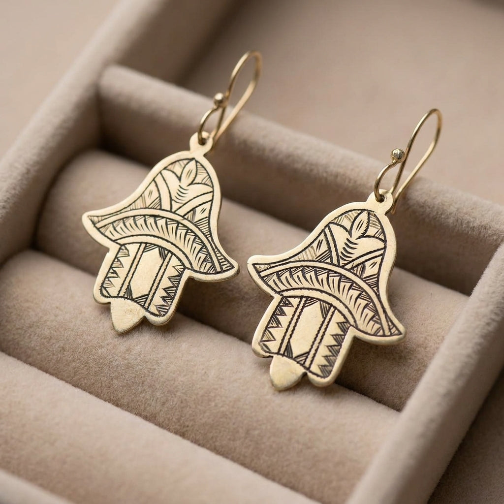 Bohemia Design Hand-Etched Brass Hamsa Earrings | Antique Gold